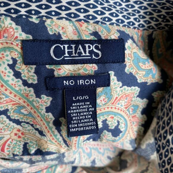 Chaps No Iron Paisley Button Up Shirt Women L Blue Long Sleeve Flip Cuffs Preppy - Picture 5 of 9